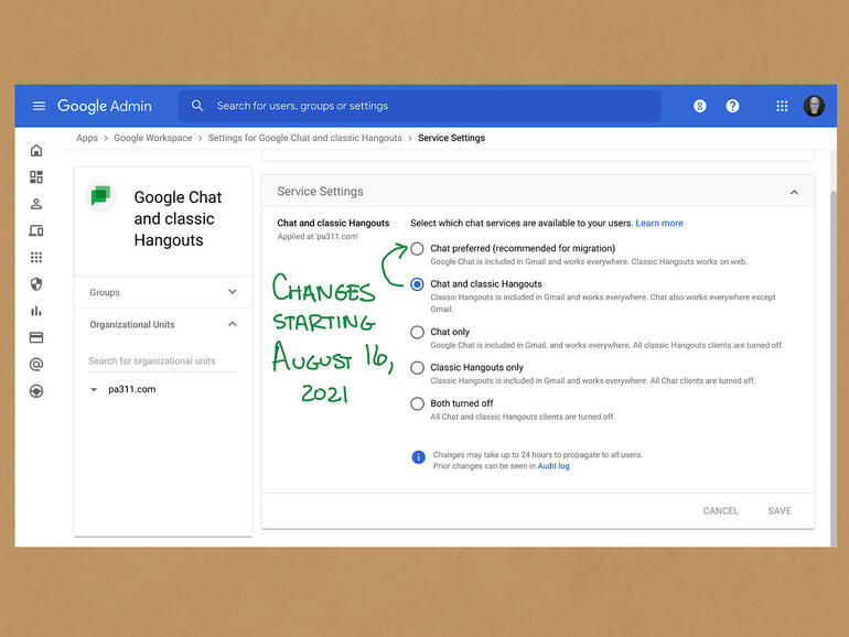 Screenshot of Google Admin console Chat and classic Hangouts Service Settings, showing Chat and classic Hangouts selected, with a hand-drawn arrow pointing from that setting to the "Chat preferred (recommended for migration)" option. Handwritten text indicates, "Changes starting August 16, 2021".