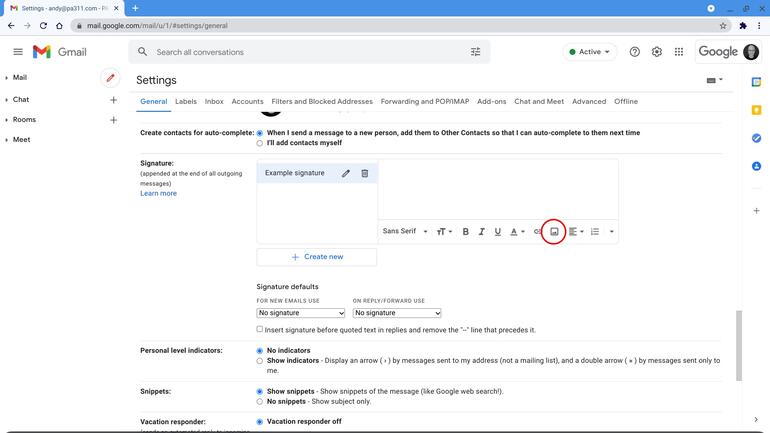 Screenshot of the Signature section of Gmail, with an Example signature selected and the add image icon circled (found to the right of the link icon, in the signature editing area).