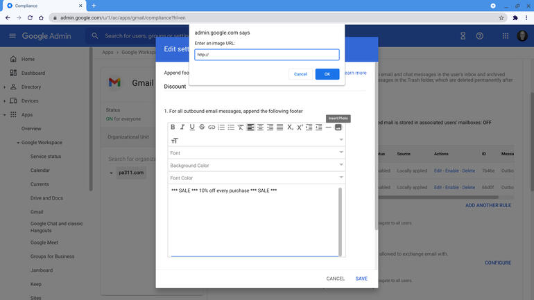 Screenshot from Google Workspace Admin console compliance section setting for outbound email footers, with the Insert Photo icon selected and an "Enter an image URL:" box displayed, waiting for an http:// or https:// link to be added.