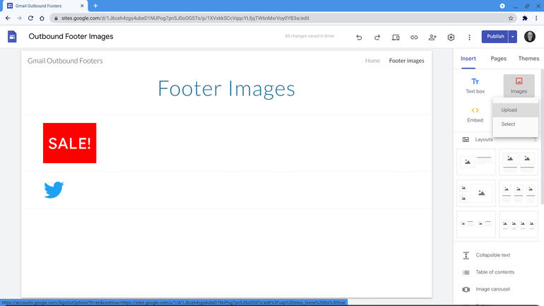 Screenshot of Google Site, with Image selected and menu with Upload and Select options displayed.