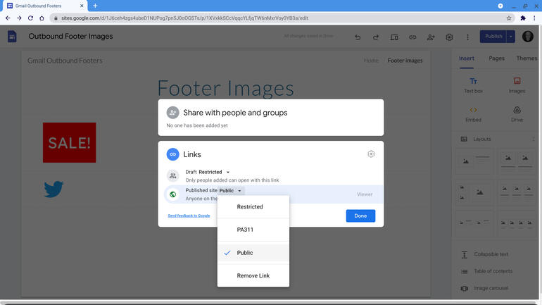 Screenshot of Links setting for a Google Site, with the Published site options menu displayed (i.e., Restricted; PA311, or, rather, your domain; Public; or Remove Link).