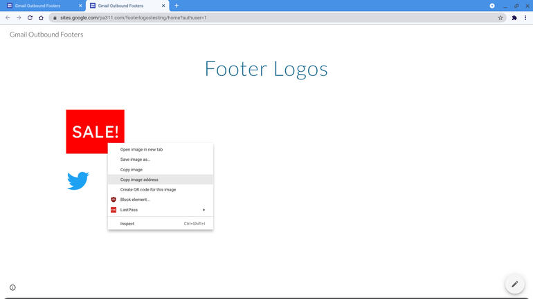 Screenshot of Google Site (named Gmail Outbound Footers), with title of Footer Logos. Two images on the page: A red box with the word SALE! in it, as well as a small Twitter bird logo. SALE image has been selected, and Copy image address is about to be selected.