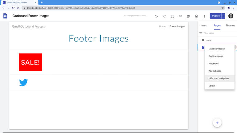 Screenshot of two pages listed in a Google Site. Page tab selected. Footer Image page is not the home page of the site. Three vertical dot menu selected, with Hide from navigation option displayed (along with other options: Make homepage, Duplicate page, Properties, Add subpage, and Delete).