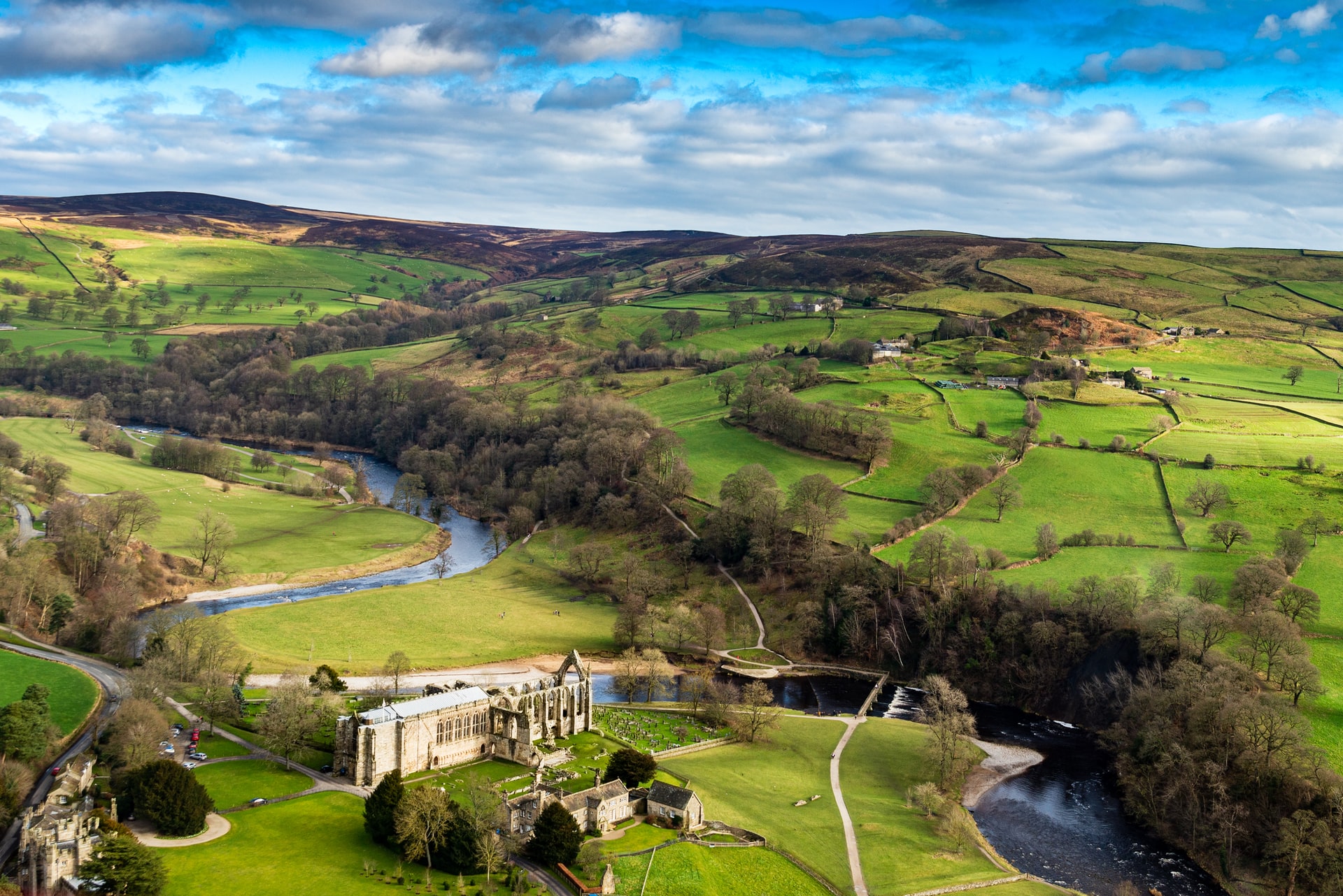 Bolton Abbey and surrounding fields Skipton, Yorkshire.