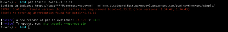 Code ARtifact - installation is denied when using a package version not already present in the repository