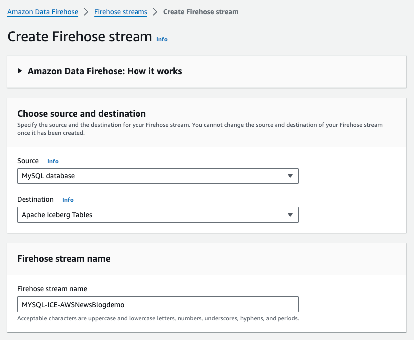 Create Firehose Stream - screen 1