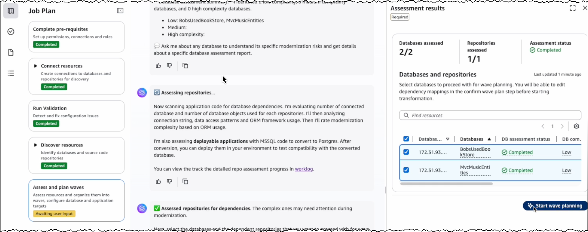Start wave planning of asessed databases and dependent repositories