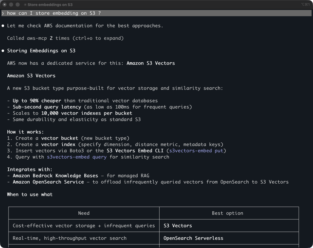 Claude Code correct response about S3 Vectors