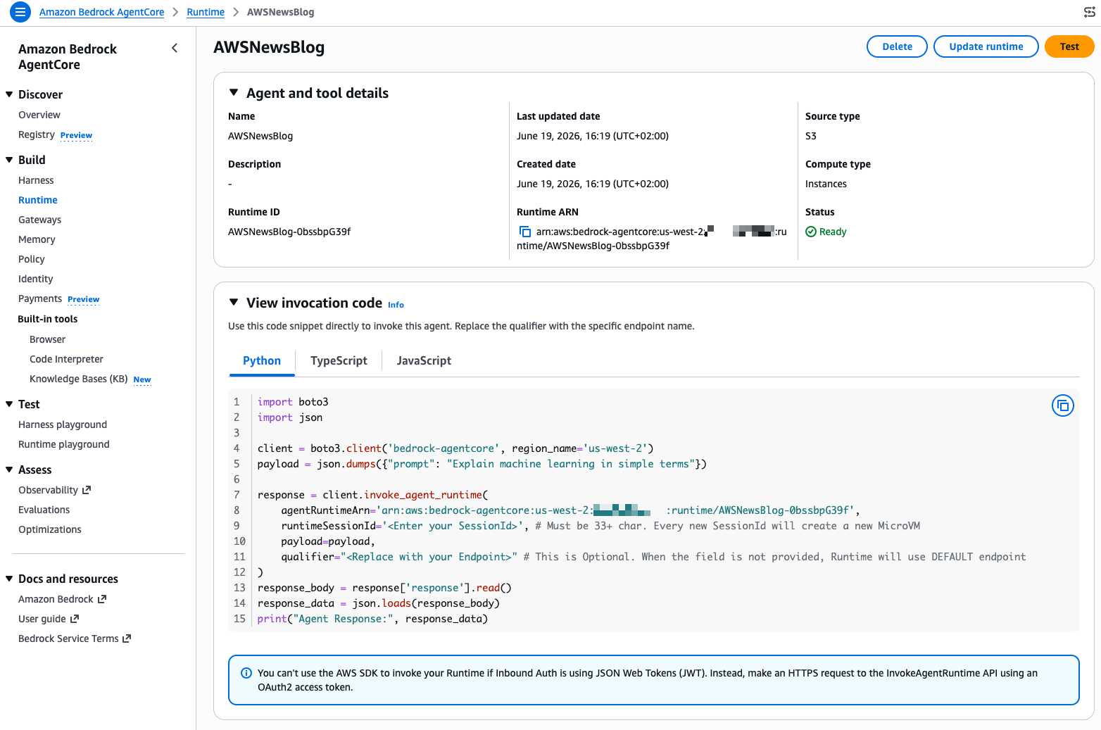 AgentCore Runtime Instances - Show invocation code