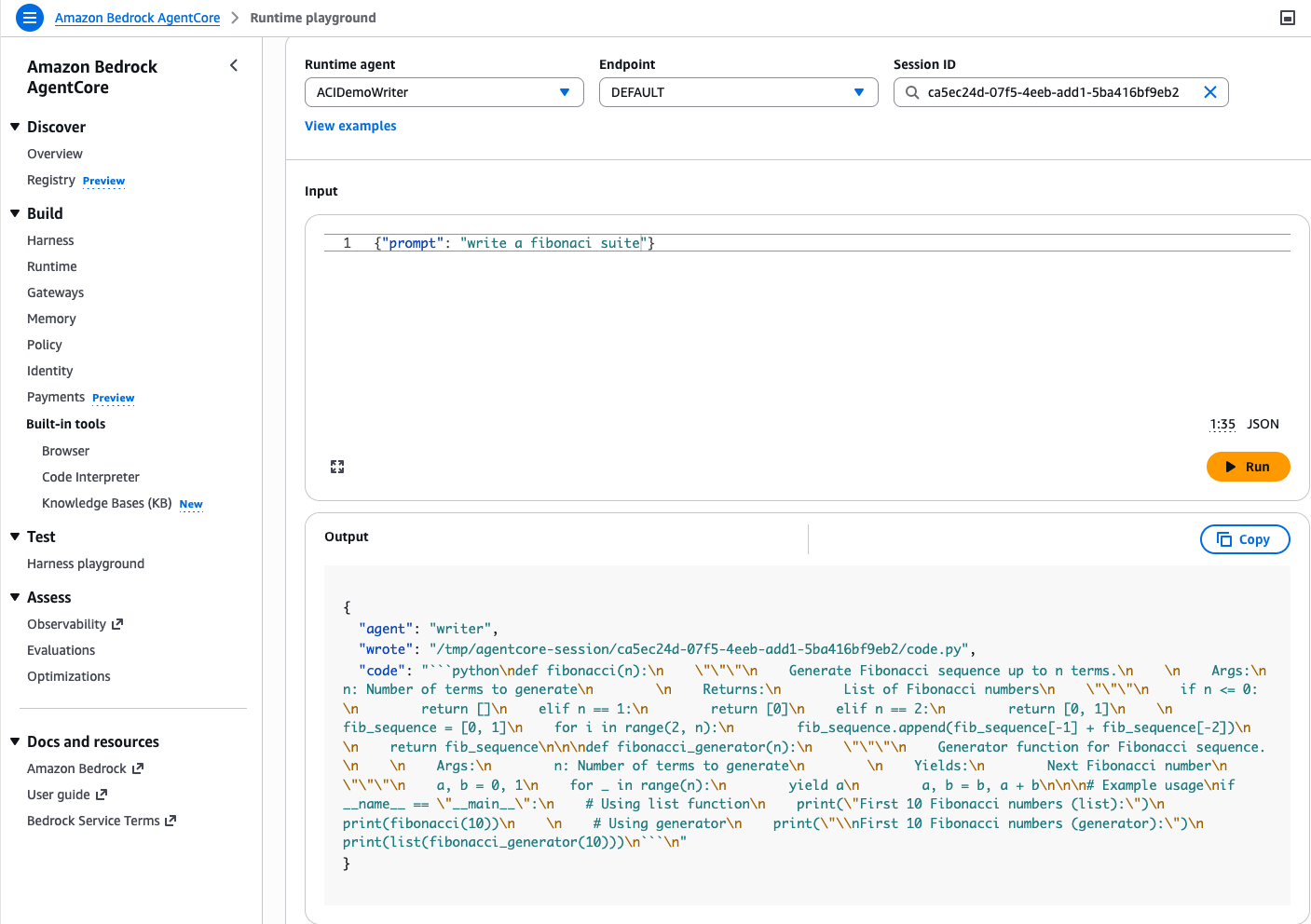 AgentCore Runtime Instances - Invoke code writer agent