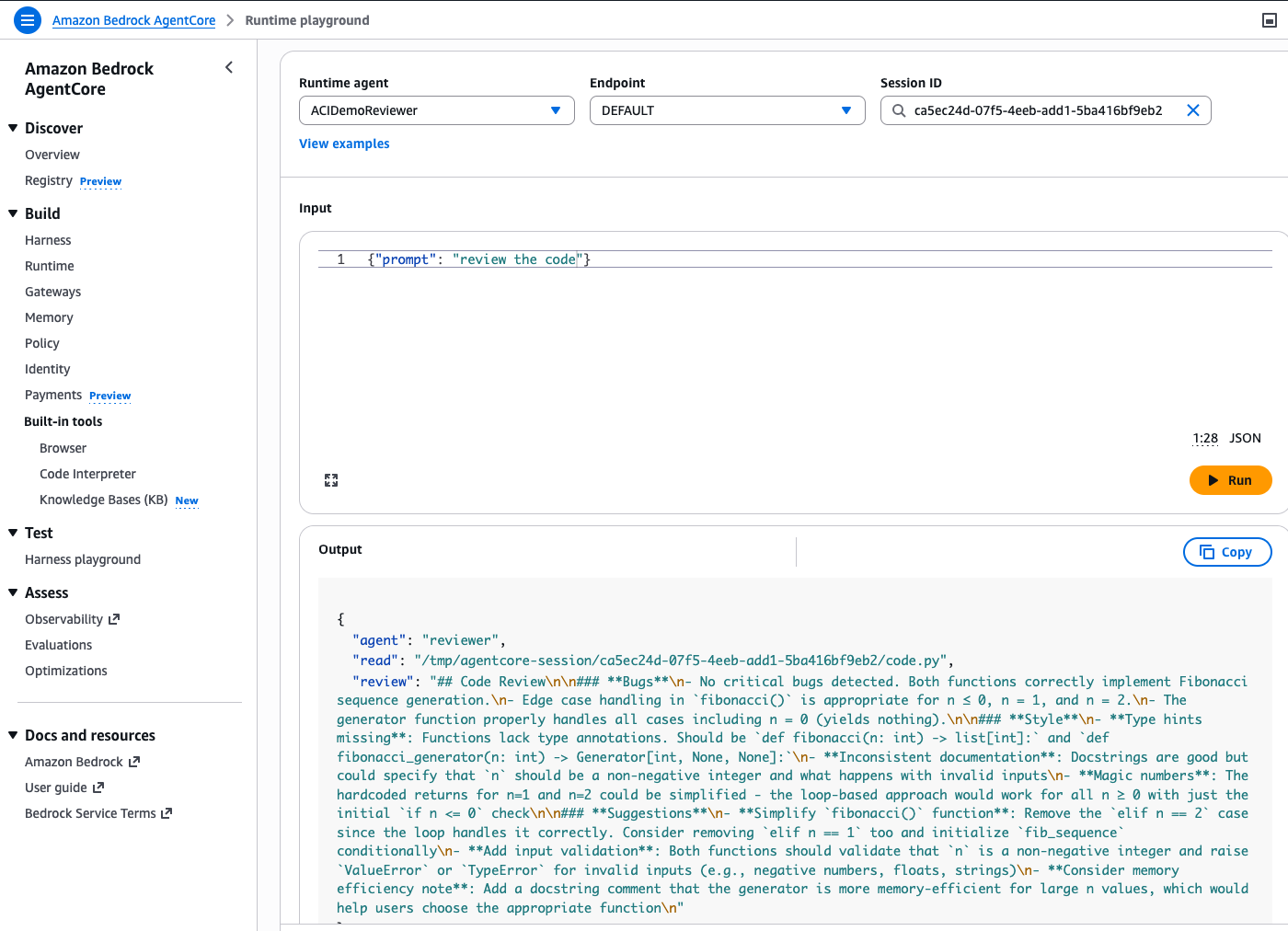 AgentCore Runtime Instances - Invoke code reviewer agent