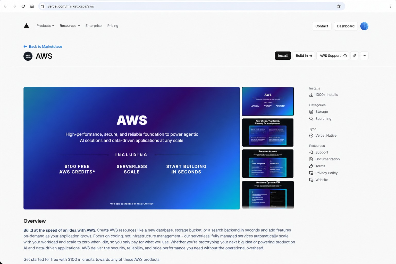 AWS page on the Vercel Marketplace with $100 in free AWS credits, serverless scale, and an Install button