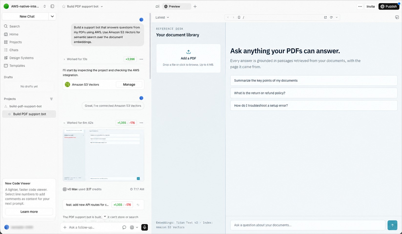 v0 chat with the Amazon S3 Vectors integration connected and the generated PDF support bot application in the Preview panel